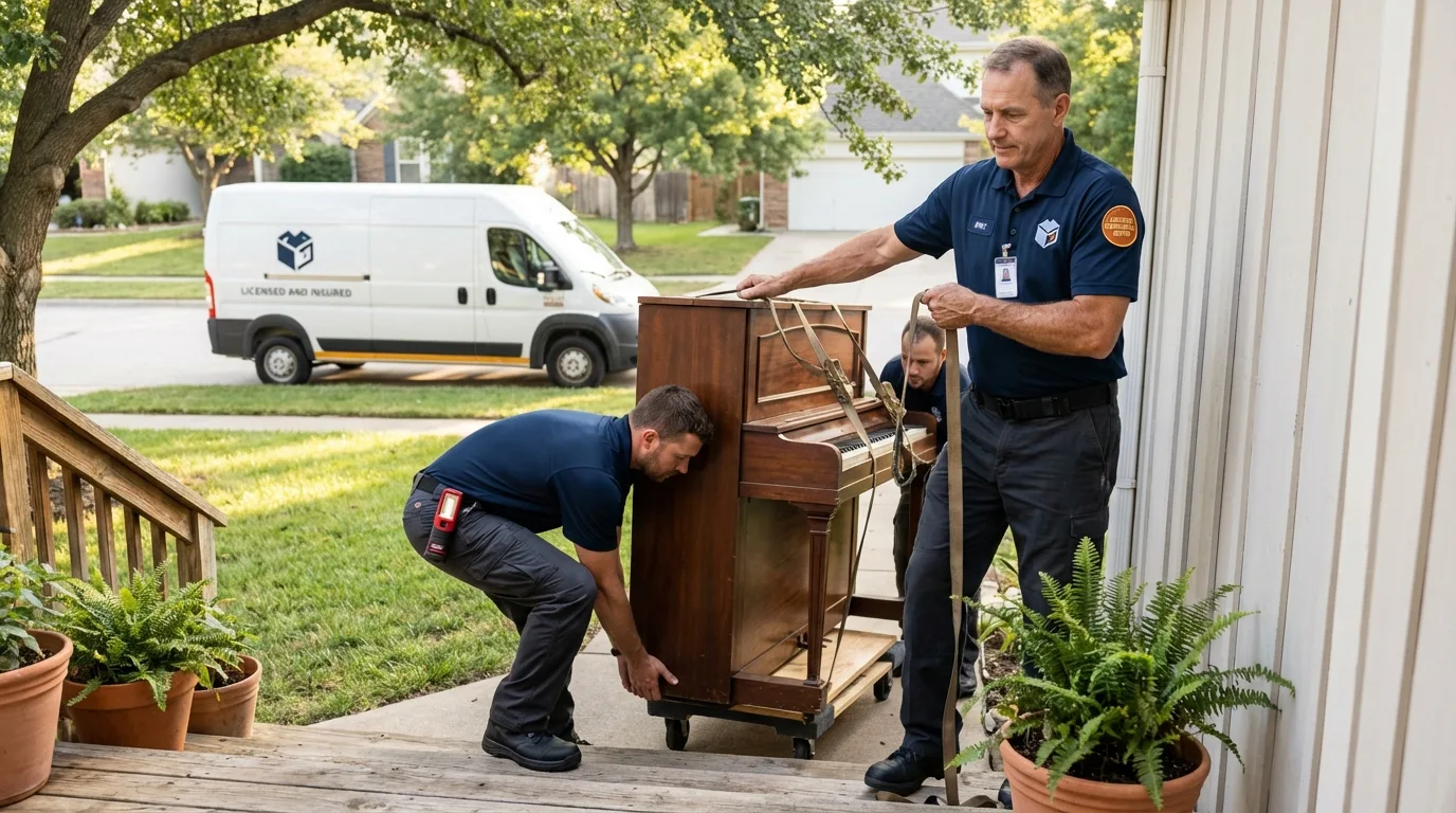 Licensed piano movers securing grand piano in Mound City, KS