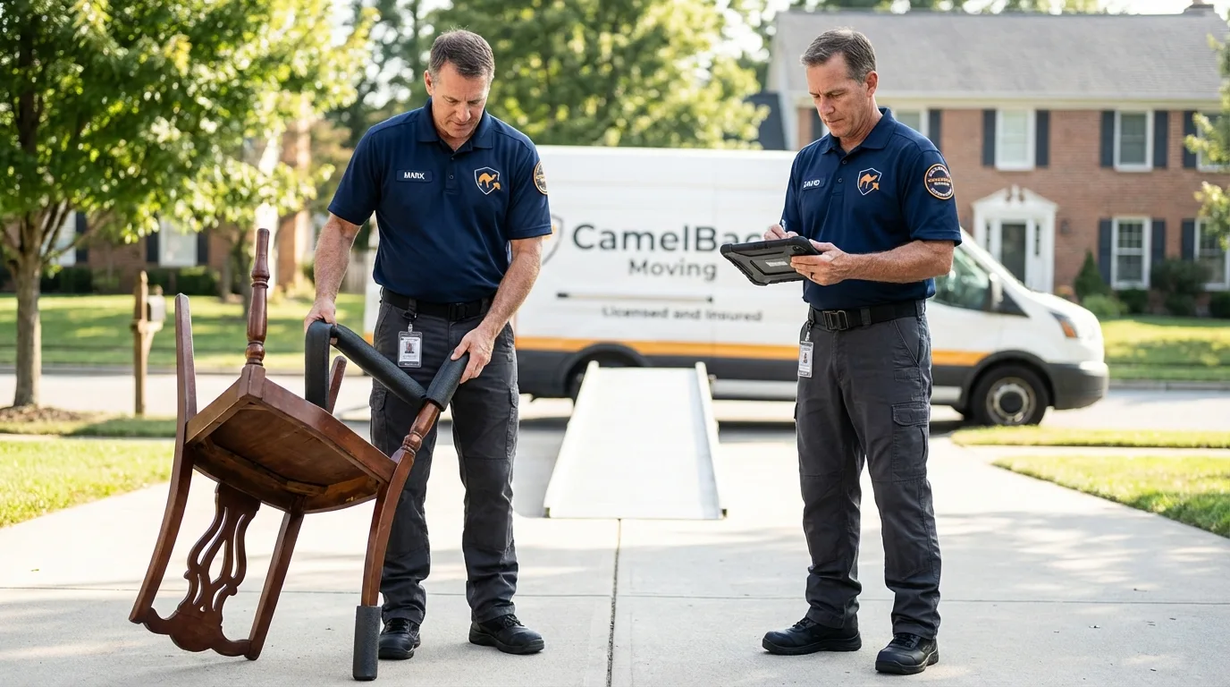 Movers inspecting furniture for damage prevention before loading in Mound City, KS