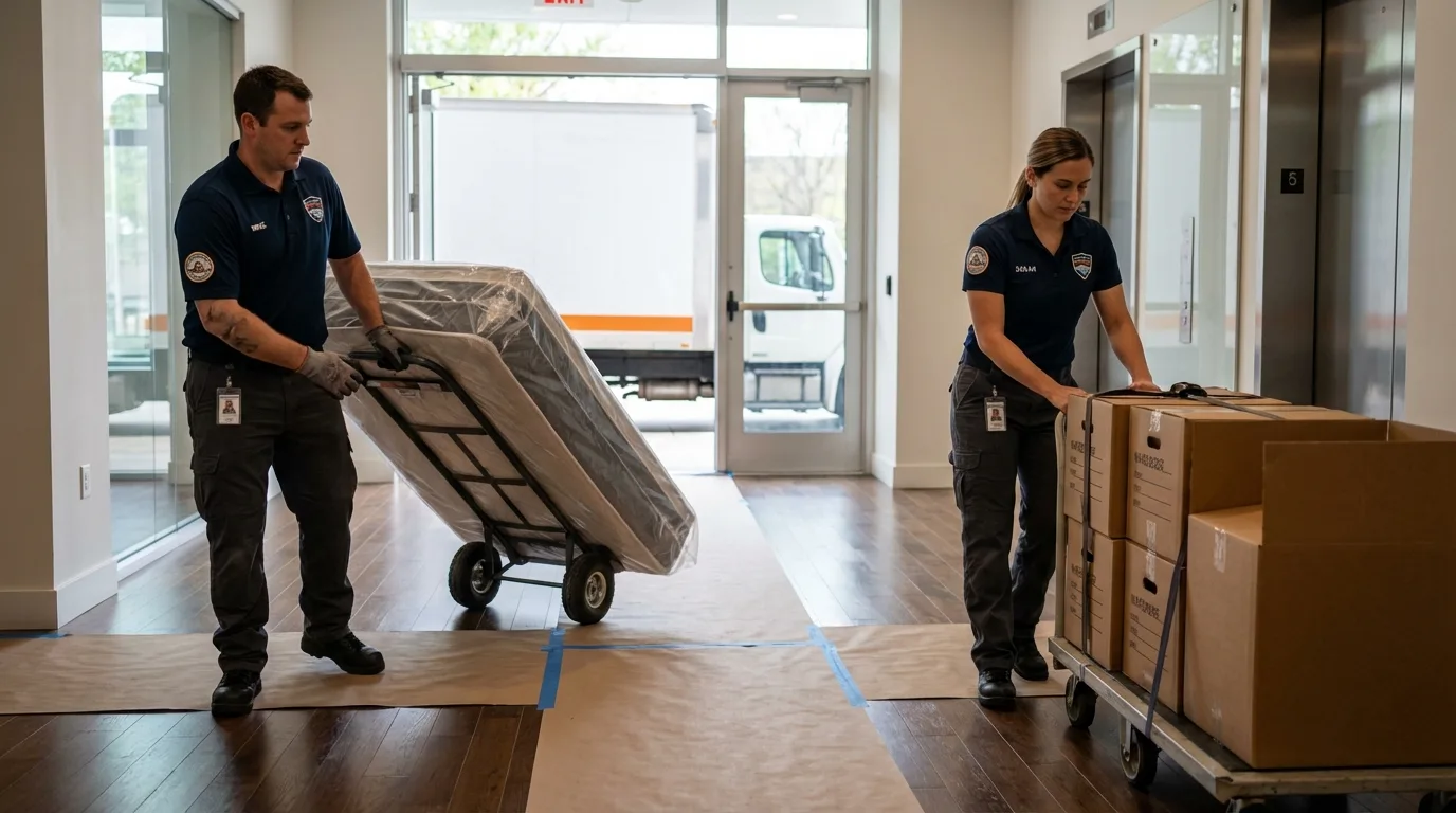 Professional apartment movers loading elevator in Mound City, KS