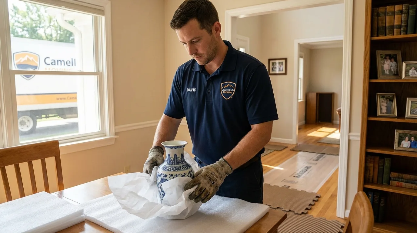 Professional crew carefully wrapping antique vase for senior downsizing move in Mound City, KS